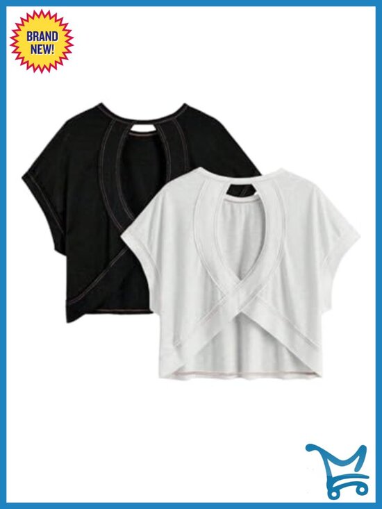 Tops - 2-Pack Open Back Criss Cross T-Shirts Crewneck Short Sleeve Backless Tee